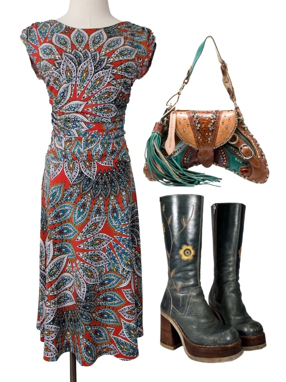 Paisley Midi Dress Drop Waist Fit & Flare Red Blue Size Small 6